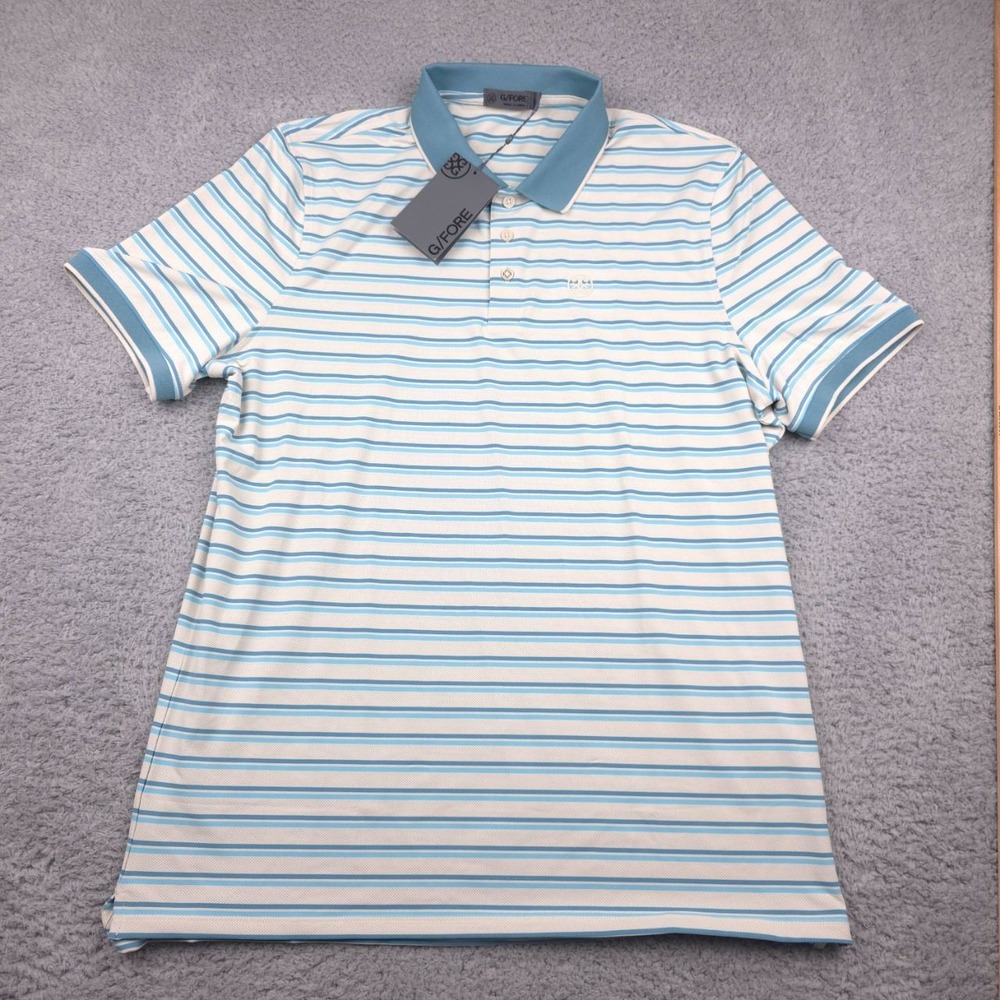G/FORE Men's White Polo with Light Blue Stripe & Collar